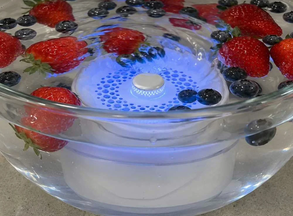 Glasschüssel mit Wasser, Erdbeeren und Heidelbeeren, das Gerät PuriEasy arbeitet am Boden