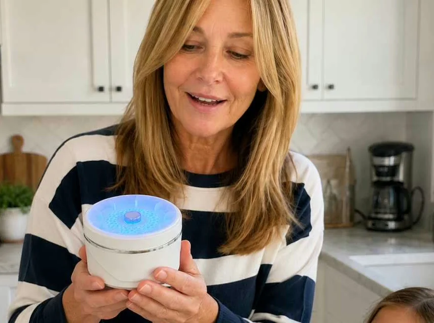 Frau hält das eingeschaltete Gerät PuriEasy in einer Schüssel und steht dabei in ihrer Küche