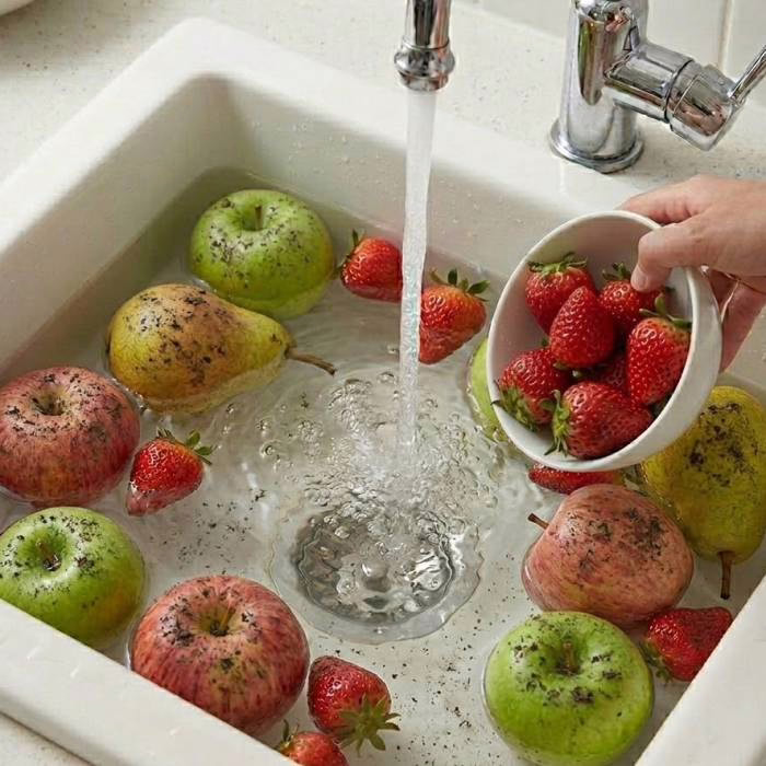 Mit Wasser gefülltes Spülbecken mit Äpfeln, Birnen und Erdbeeren, bereit zum Waschen